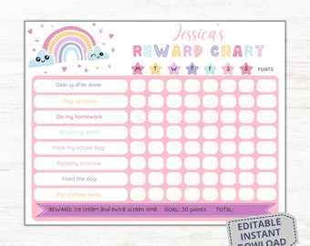 Editable Rainbow Reward Chart, Kids Behavior Chart, Children Routine Chart, Rainbow Daily Chore Chart Digital Template, Girl Chore Chart
