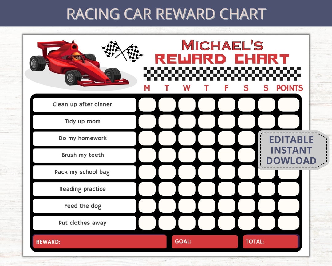 Editable Racing Car Reward Chart, Kids Behavior Chart, Children Routine