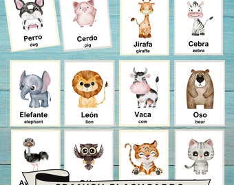Spanish English Animal Flashcards, Bilingual Montessori Cards (Printable PDF)