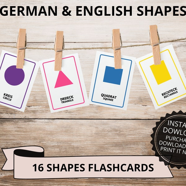 German & English Shapes Flashcard, Printable Bilingual Shape Flash Card, Preschool Homeschool Classroom,  Formen