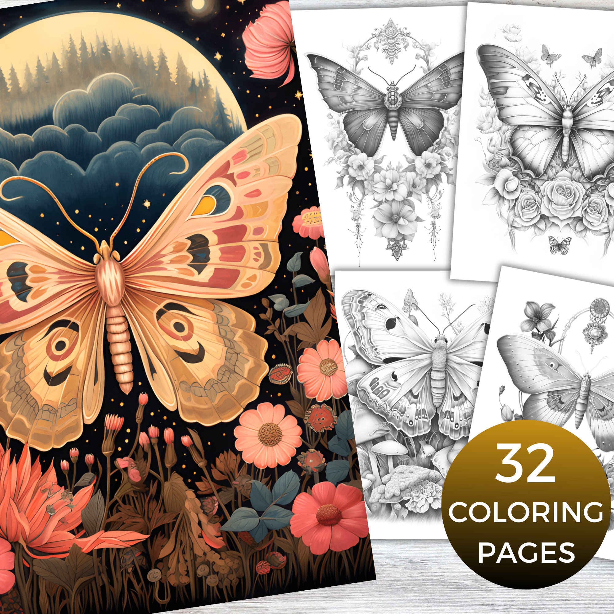 23 Moths Coloring Book, Adults Kids Instant Download grayscale Coloring  Book Printable PDF, Moth Coloring, Spiritual Coloring, Flowers 