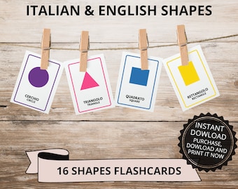 Italian & English Shapes Flashcard, Printable Bilingual Shape Flash Card, Preschool Homeschool Classroom, Le Forme