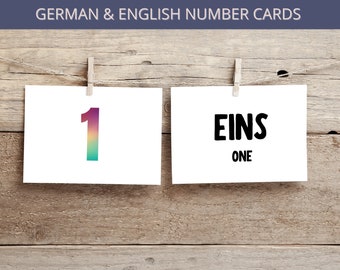 Zweisprachige Zahlen Lernkarten 0-20 - deutsch & englisch mit Regenbogenprint (PDF)