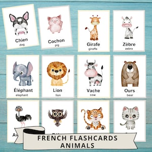 Cartes flash d’animaux en français et en anglais, carte flash d’animaux bilingues imprimables, salle de classe préscolaire à domicile, apprendre le français, cartes Montessori pour enfants