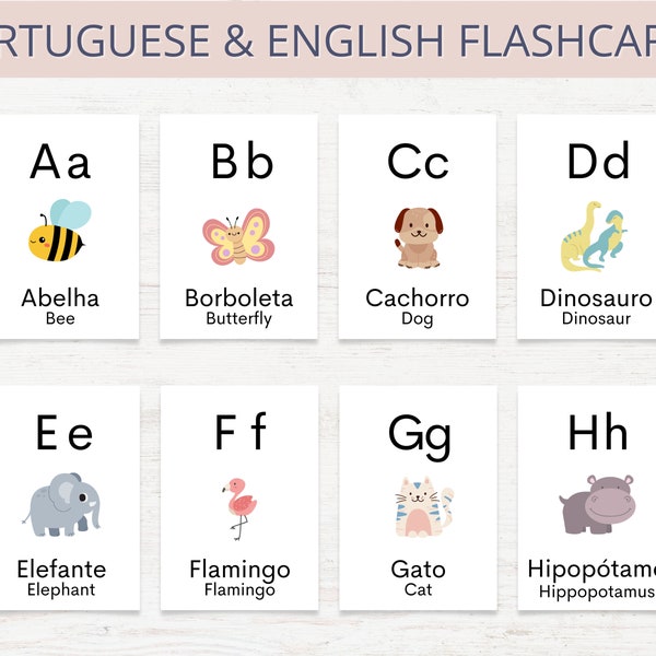 Portuguese & English ABC Flashcards, Printable Bilingual Alphabet Flashcard, Preschool Homeschool Brazilian Classroom, Learn Brazil ABC