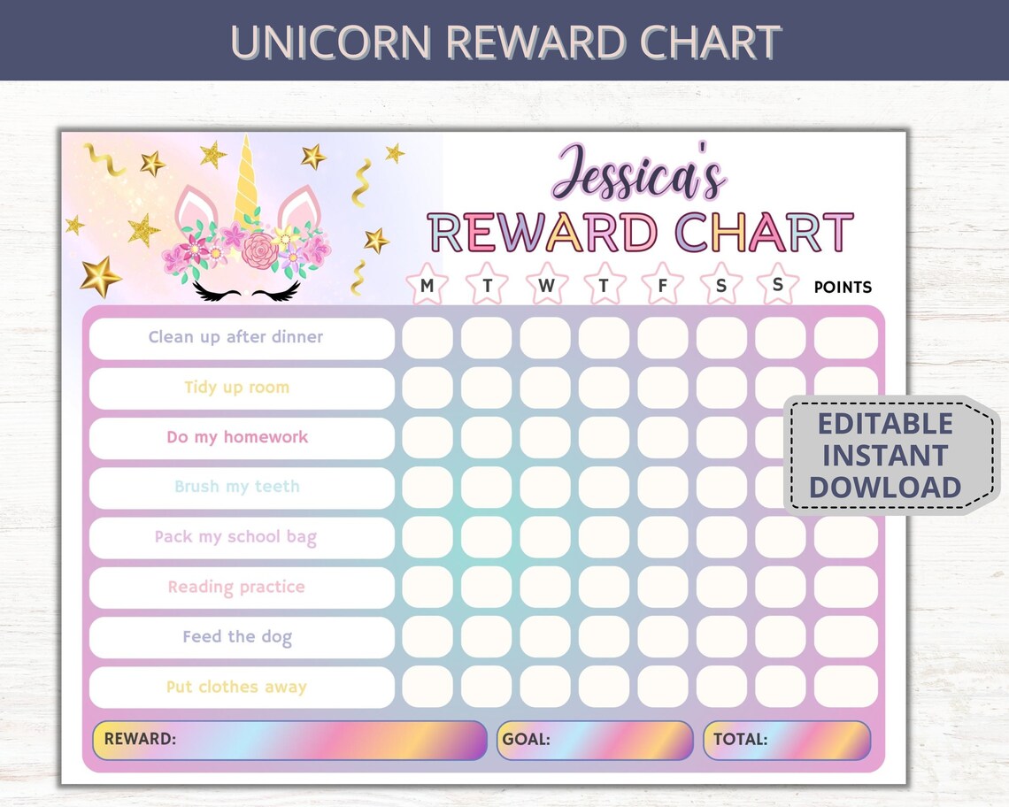 Editable Unicorn Reward Chart, Kids Chore Chart (digital Template) - Etsy