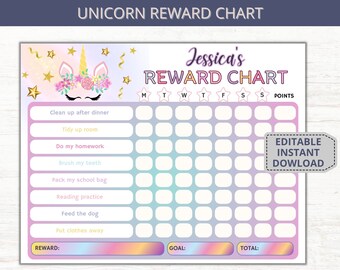 Editable Unicorn Reward Chart, Kids Chore Chart (Digital Template)
