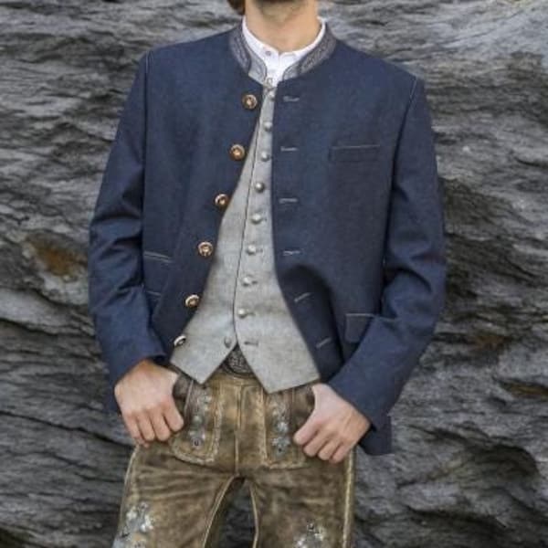 Exclusive men's traditional jacket, blue-grey / authentic quality clothing / Austria / Bavaria / Oktoberfest / traditional outfit