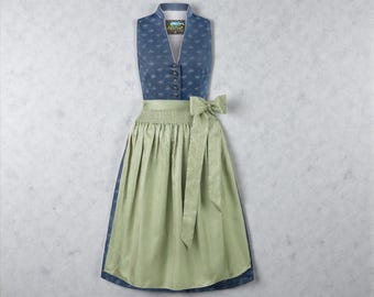 High-necked dirndl in dark blue and sage green, made of cotton – floral traditional dress with apron, Oktoberfest dirndl, Austrian Bavarian folk dress