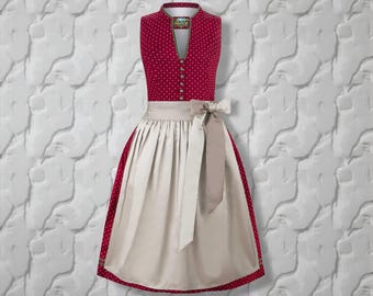 High-necked dirndl in burgundy and beige cotton – traditional dress with apron, Oktoberfest dirndl dress, Austrian Bavarian folk dress