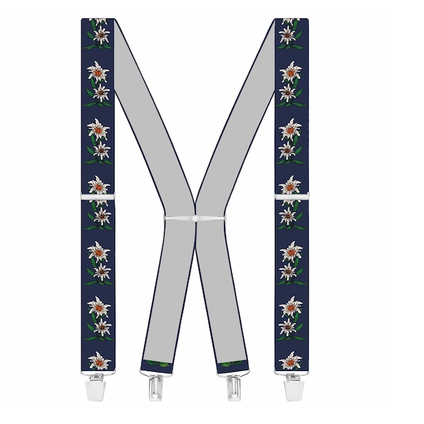 Edelweiss embroidered suspenders, blue | Elastic & Adjustable | One Size | Traditional suspenders for men and women, Oktoberfest