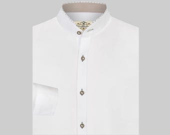 Herenoverhemd met opstaande kraag | Traditioneel wit en groen overhemd | Elegant katoenen overhemd, comfortabele pasvorm, met hoornen knopen, perfect te combineren met een leren broek en jasje. Op voorraad.