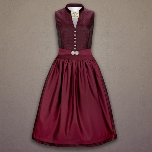Burgundy Dirndl by Trachtenhans | Luxury Jacquard Dirndl with Velvet Stand-Up Collar | Elegant Traditional Dress for Women | Festive Midi Dirndl