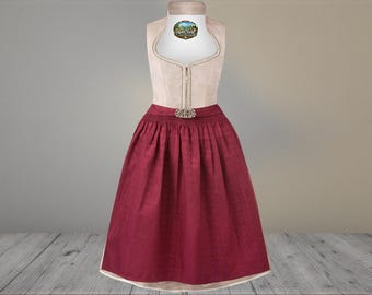 Elegantes Dirndl taupe Dirndlkleid – Midi Trachtenkleid 65 cm mit dunkelrot Schürze, Oktoberfest Dirndl, Austrian Bavarian Folk Dress