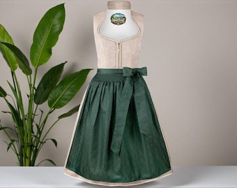 Elegantes Dirndl taupe Dirndlkleid – Midi Trachtenkleid 65 cm mit dunkelgrüner Schürze, Oktoberfest Dirndl, Austrian Bavarian Folk Dress