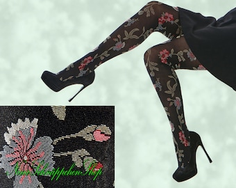 Les collants noirs pour femmes 50 DEN sont des collants à la mode pour femmes avec un motif floral coloré