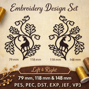 May include: An embroidery design set featuring two symmetrical deer and foliage patterns. The designs are dark brown and include measurements of 79 mm, 118 mm, and 148 mm. The text "Embroidery Design Set" is at the top.