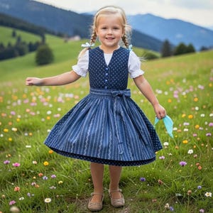 Könnte beinhalten: Ein junges Mädchen in einem traditionellen blau-weißen Kleid mit passender Schürze und weißer Bluse. Das Kleid hat ein Muster. Sie steht auf einer Wiese mit Wildblumen, im Hintergrund sind Berge zu sehen.