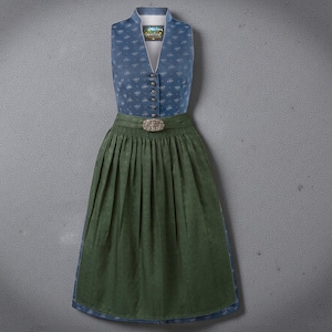 Dirndl met hoge hals in donkerblauw dennengroen van katoen – traditionele jurk met bloemenprint en schort, Oktoberfest dirndl, Oostenrijkse Beierse volkskleding
