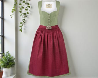 Summer dirndl in sage/dark red cotton, 70 cm – feminine traditional dress with floral apron, Oktoberfest dirndl, Austrian Bavarian traditional dress