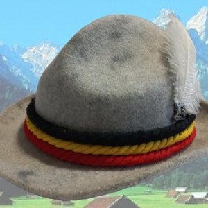 Light grey high quality felt hat, 100% wool, durable fedora hat, traditional, black yellow red cords, German colours, Oktoberfest