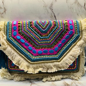 Handmade Blue Boho Beaded Bag - Bohemian Wedding Clutch, Summer Festival Shoulder Bag, Beach Purse Gift for Women Unique Handmade Gift