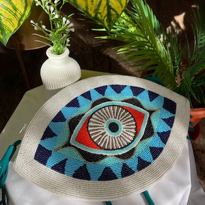 Bolso de mano bohemio con cuentas de ojo malvado, bolso cruzado o de mano, amuleto de la suerte, talismán protector, bolso de playa bohemio, regalo único para ella.