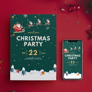Modèle de carte d'invitation de Noël blanc numérique | Invitation de fête Canva modifiable, Père Noël, dépliant d'illustration de neige | Téléchargement instantané A6