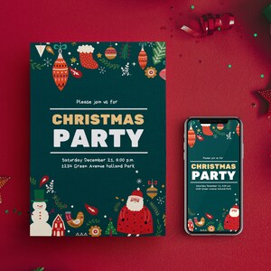Modèle de carte d'invitation de Noël blanc numérique | Invitation de fête Canva modifiable, Père Noël, dépliant d'illustration de neige | Téléchargement instantané A6