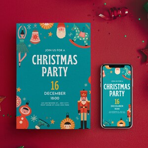 Modèle de carte d'invitation de Noël numérique | Invitation de fête Canva modifiable, Père Noël, décoration Brochure d'illustration | Téléchargement instantané A6