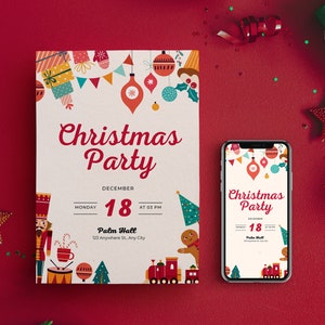 Modèle de carte d'invitation de Noël numérique | Invitation Canva Party modifiable, dépliant d'illustration pour Noël | Téléchargement instantané A6