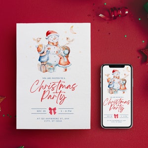 Modèle de carte d’invitation de Noël numérique | Invitation modifiable à la Canva Party, dépliant d’illustration du bonhomme de neige pour Noël | A6 Téléchargement instantané