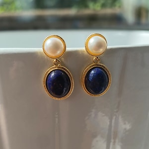 Lapis Lazuli Pearl Drop Earrings: 18K Gold Plated, Vintage Style