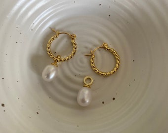 Natural Freshwater Pearl Hoop Earrings, Mini Twisted Helical Freshwater Pearl Earrings for Her,  Two styles in one Earrings. 18K Gold