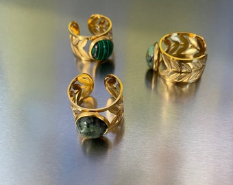 Big Chunky Round Turquoise Rings, Dome Round Turquoise Ring, Rare Design Turquoise Hollowed Leaf Rings for Her. 14K Gold