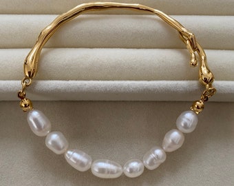 Genuine Natural Pearl Lustrous Bangle for Her, Korean Style Freshwater Rice Pearl Bracelet, 18K Gold Natural Pearl Bracelet. Standout Piece