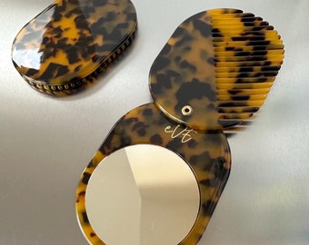 Tortoise Acetate Mirror Comb Compact Set: Travel Purse Accessory