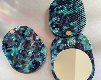 Jade Green Acetate Folding Mirror and Comb Set, Elegant Travel Accessory for Bridesmaids & Weddings