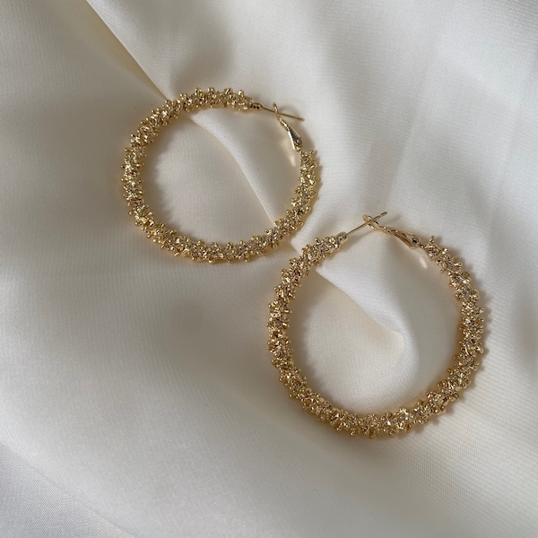 Thick Layered Glitter Circle Hoop Earrings, Oversize Lightweight Gold Hoop Earrings for Her, S925 Needle