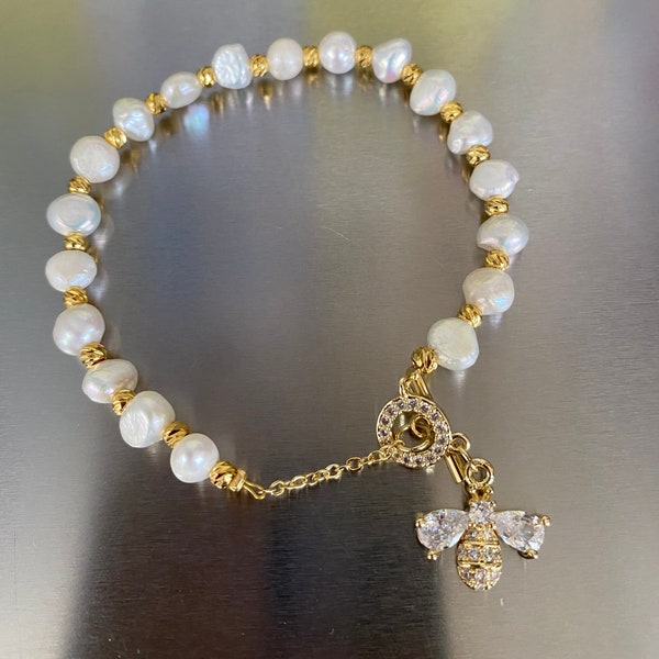 Bracelet de perles d'eau douce abeille pailletée lumineuse, bracelet abeille zircon pour femme, amusant et mignon