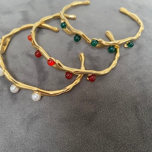 Irregular Shape Nature Stone Pearl Bangle in Gold, Cute Little Pearl Open Bangle for Women,  Wrist Stack , 18k Gold, French Style