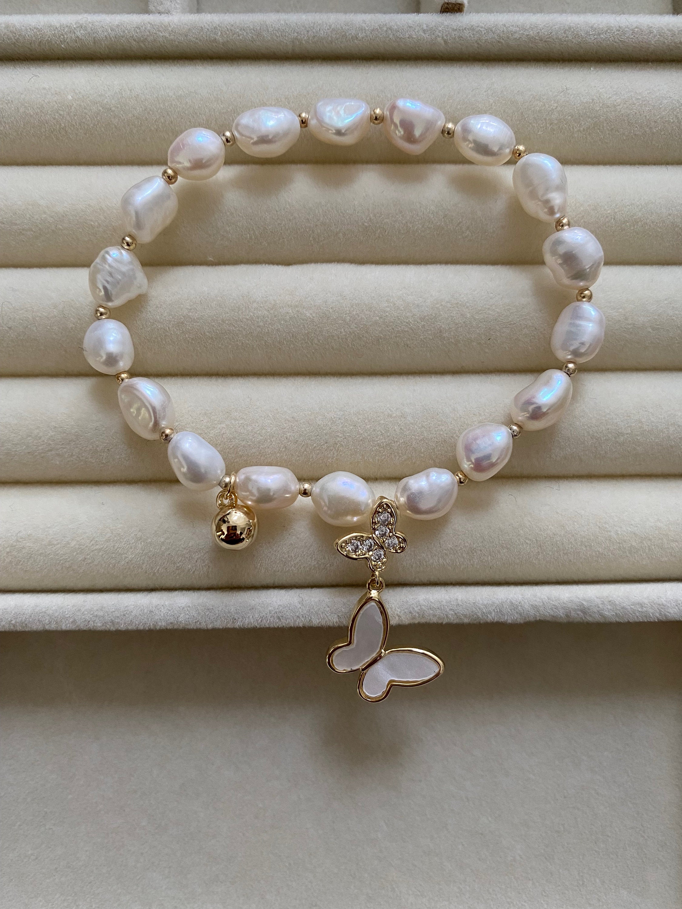 Butterfly Pearl Bracelet, Freshwater Pearls Charm Bracelet