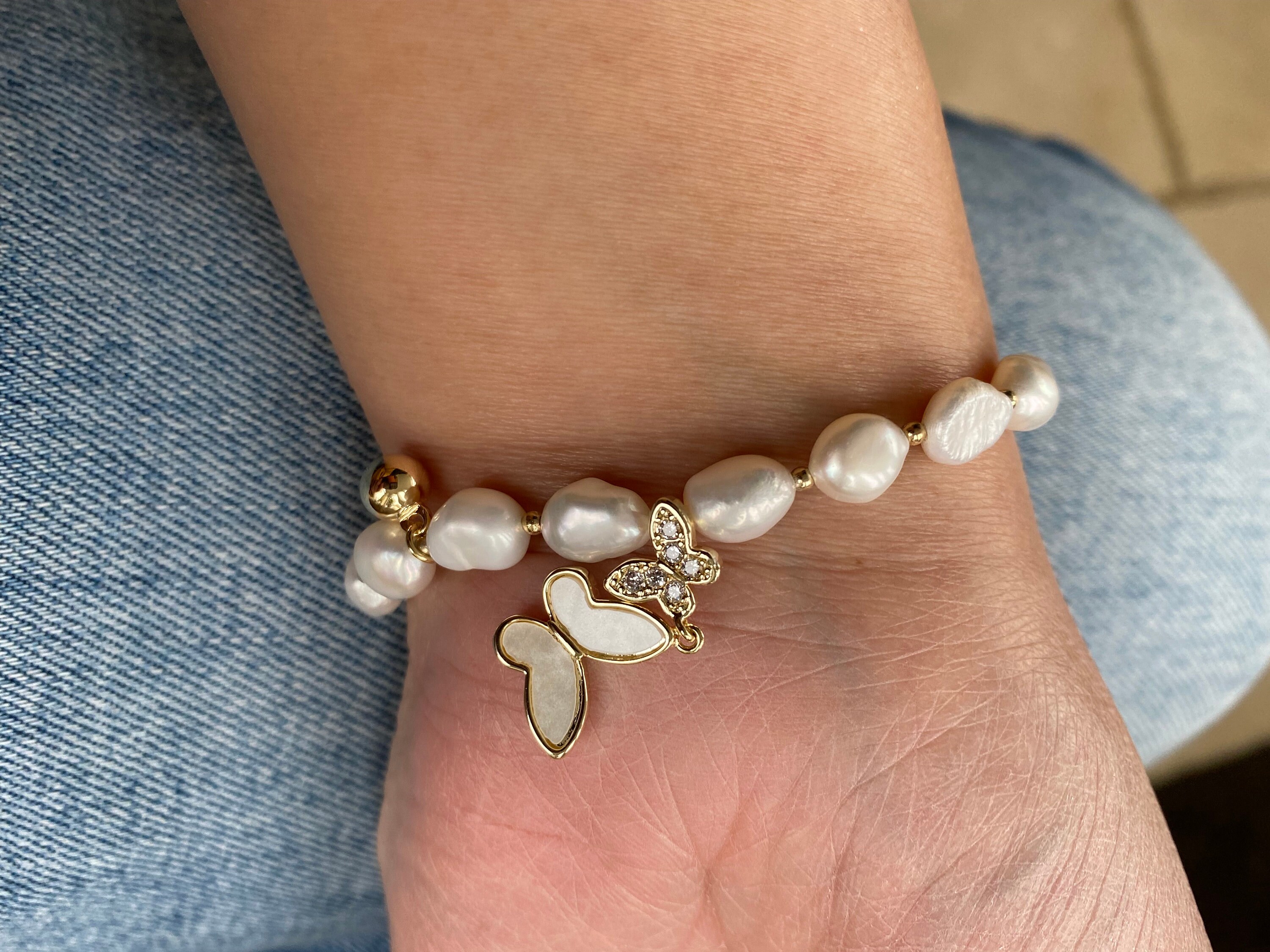 Butterfly Pearl Bracelet, Freshwater Pearls Charm Bracelet