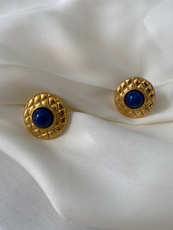 Puces D'oreilles Vintage En Or 18k Ornées De Perles De Lapis Lazuli Naturel - Fermoir Clou