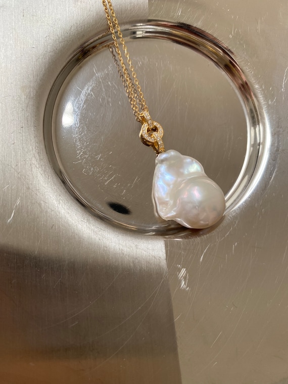 14K Gold Fireball Baroque Pearl Bridal Pendant, Large Cultured Pearl Wedding Jewelry, Unique Handmade Necklace for Her