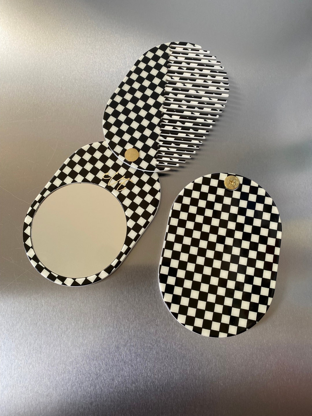 Compact Checkerboard Retro Checkered Mirror and Comb Set, Pocket Handheld Mirror, Compact ...