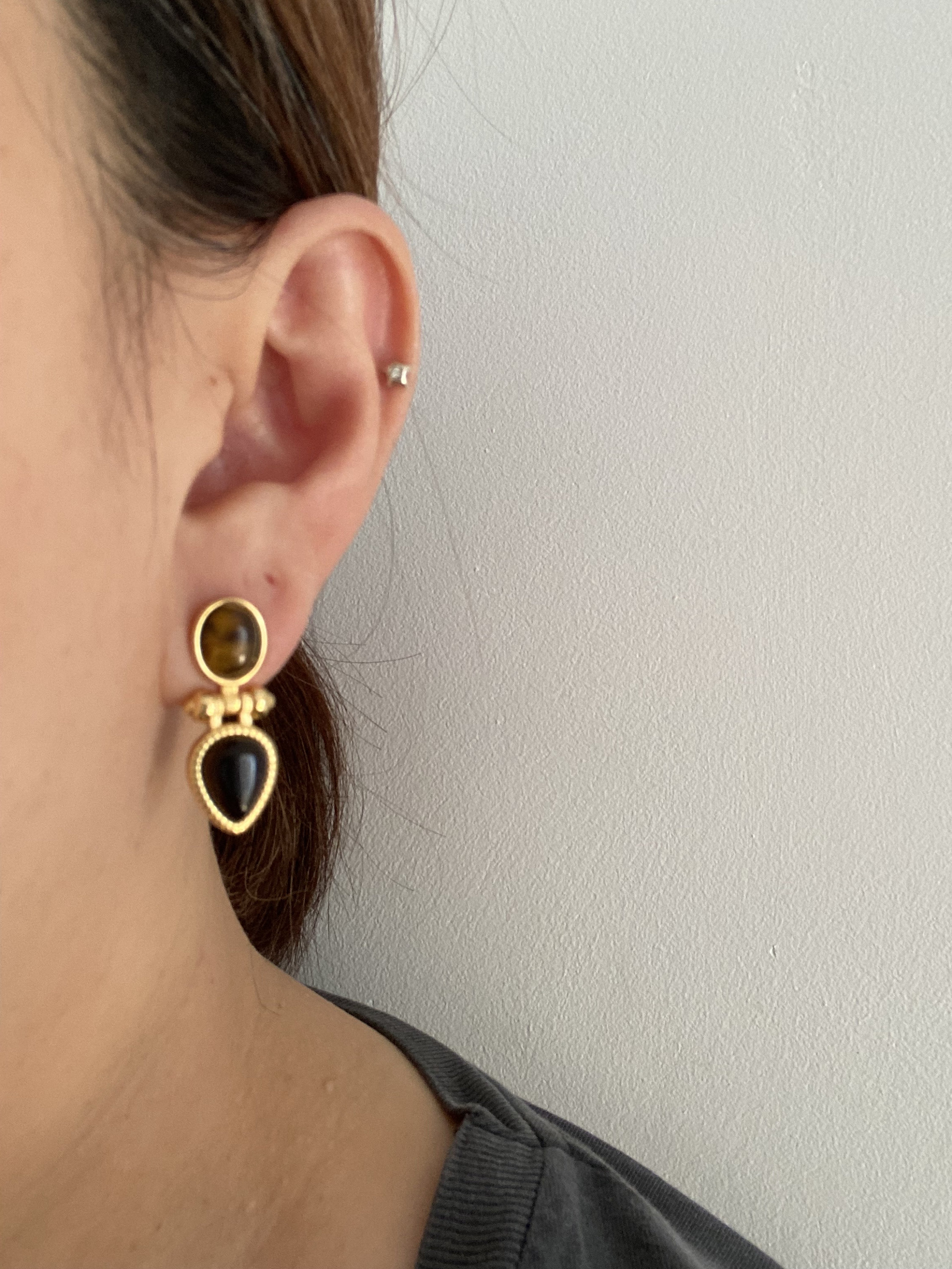 18K Gold Chunky Teardrop Resin Earrings, Tiger Eye Style