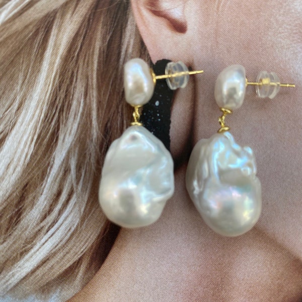 Gold Lustre Cultured Fireball Baroque Pearl Earrings, Classic Silhouette Cultured White Pearl Earrings for Her, 14K Gold, AAA Baroque Pearl