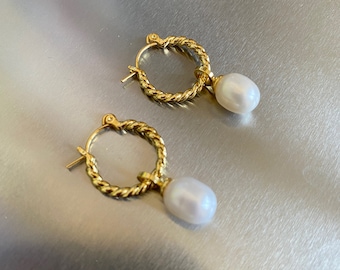 Freshwater Pearl Hoop Earrings, Twisted Gold Hoop Earrings, Detachable Pearl Dangle Earrings, Bridal Jewelry Gift for Women
