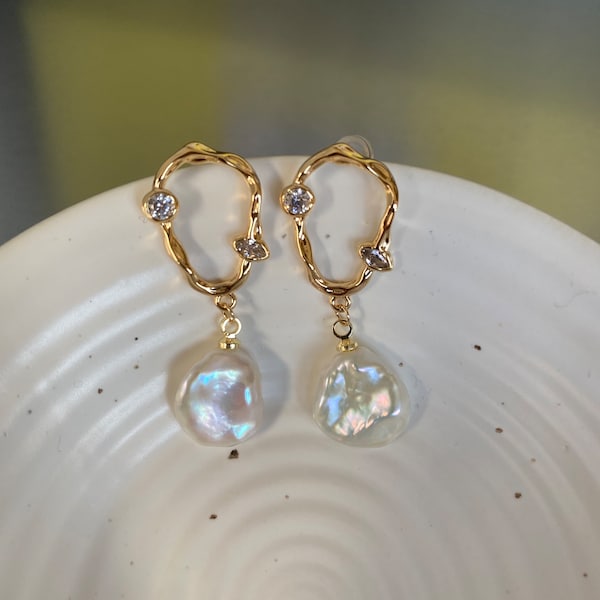 White Keshi Baroque Pearl Earrings, Natural Keshi Pearl Statement Earrings for Her, Rainbow Glow Keshi Baroque Earrings, S925 Needle